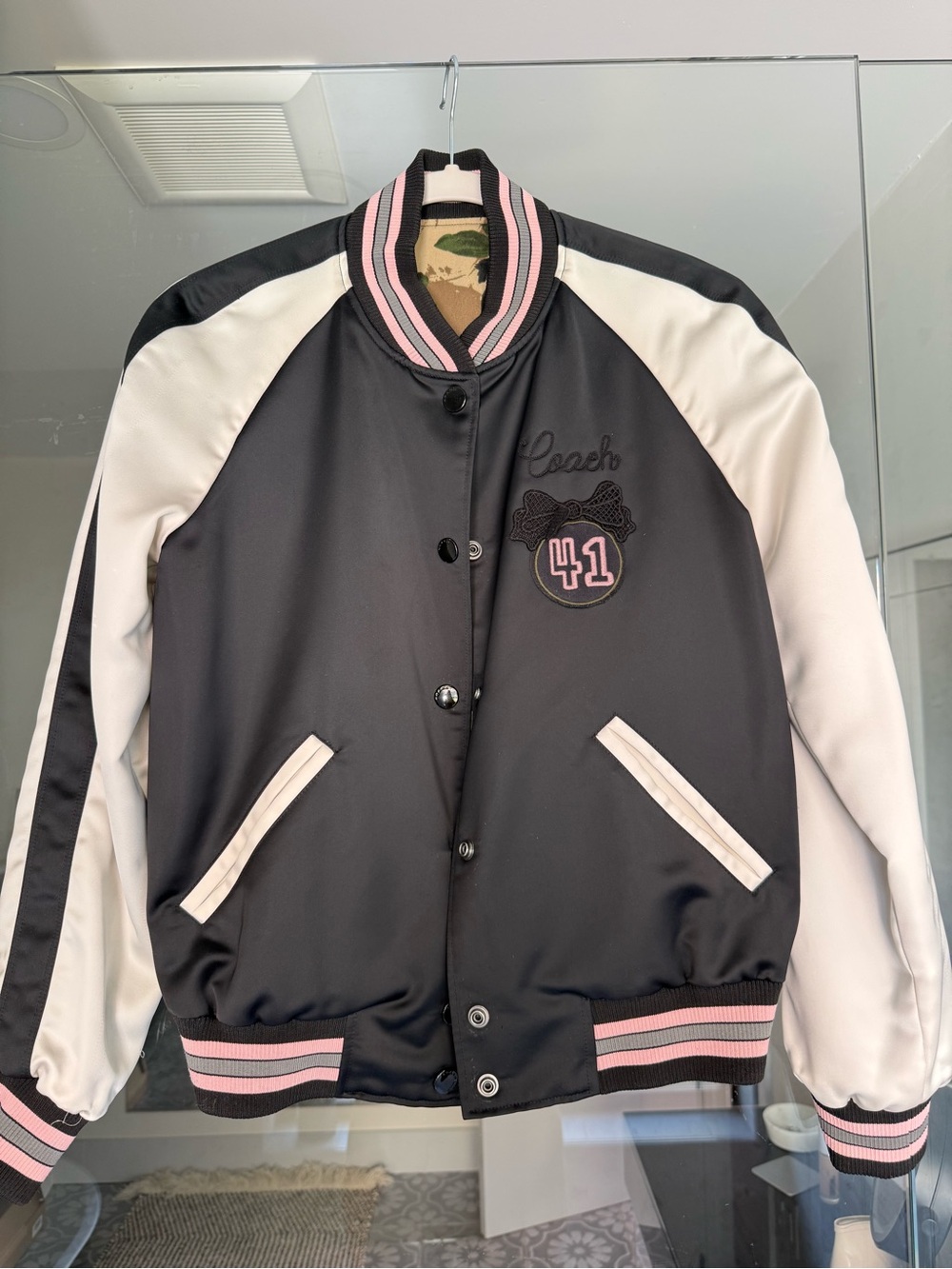 Coach Black and White Varsity Jacket with Pink Trim